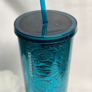 Starbucks 2017 Limited Edition Teal Embossed Floral Tumbler 24oz w/ Straw, Rare